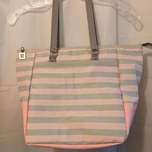 New Beach Tote Shopper shoulder Bag Pink Gray stripe Double handle Carryall Purs - Picture 2 of 8